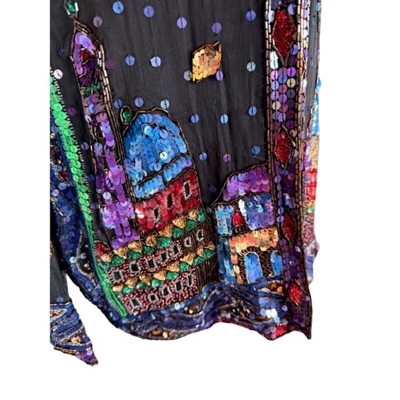 Vintage Sequin Together! Wearable Art Silk Jacket Storybook Cityscape Size M - Picture 6 of 8